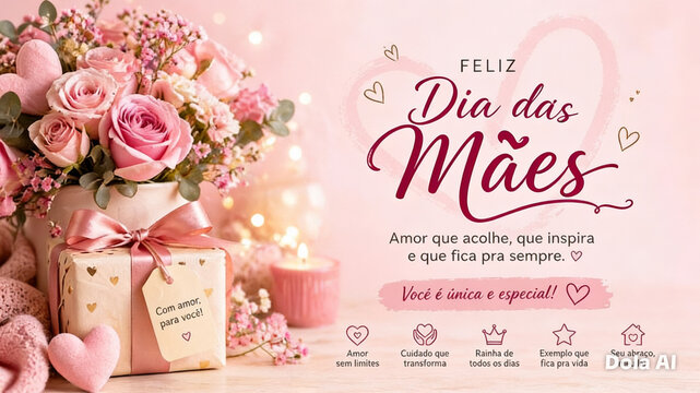 Feliz Dia das M&atilde;es com flores rosas, presente elegante e fundo rom&acirc;ntico delicado