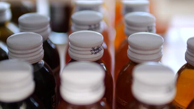 Close up view of numerous medicine bottles with white caps arranged in rows, showing a smooth focus pull from the foreground to the background, highlighting the abundance of pharmaceuticals