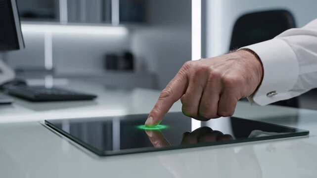 Digitally Interacting With A Modern Tech Tablet Device In A Minimalistic Futuristic Office