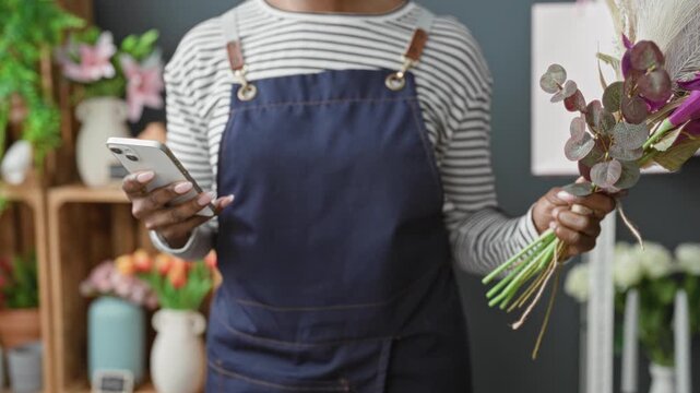 Woman florist holds smartphone and bouquet with visible hand and apron while checking orders in studio; calm concentration.