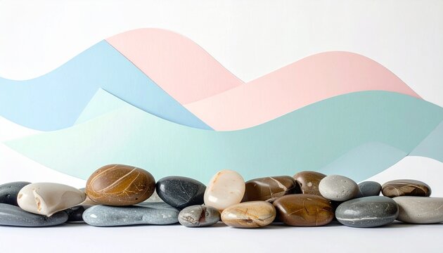 Rounded stones rest on reflective ground, framed by curved paper waves of color, embodying surreal harmony between nature&rsquo;s permanence and the fluid geometry of human imagination.