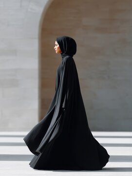 Blank abaya worn mockup, woman walking through arched hallway, elegant motion shot