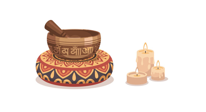 A traditional bronze singing bowl with inscribed sanskrit mantras rests atop a vibrant patterned circular cushion beside three glowing wax candles on white background.