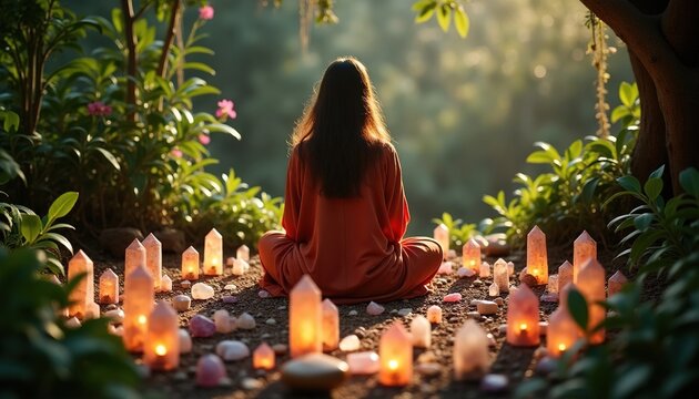 Serene woman meditating in crystal healing room, surrounded by large amethyst geodes