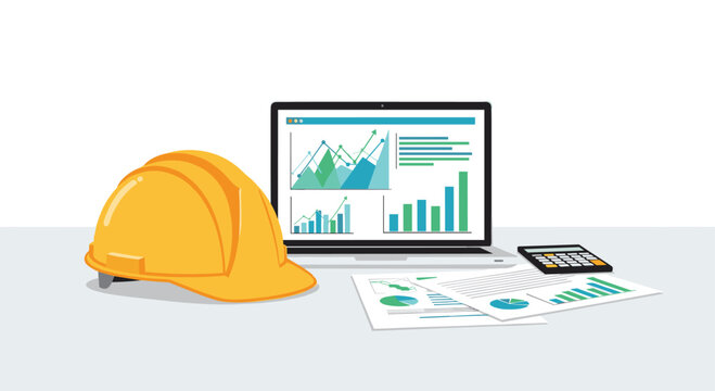 A clean desk setup showing a laptop screen with financial performance graphs, a yellow construction hard hat, and printed data analysis documents on a gray surface.