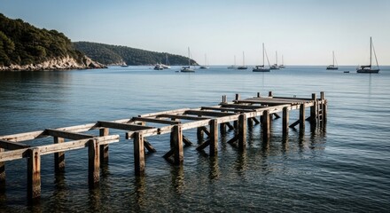 Fototapeta premium Dilapidated wooden pier extending into calm blue sea with sailboats and green hills under clear sky.