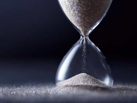 Glowing hourglass with flowing sand on dark background, concept of time and urgency