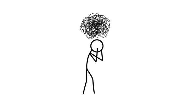 Illustration of Stressed Figure with Tangled Thought Cloud. A cloud of tangled thoughts, stress, anxiety, or mental overwhelm. Psychology, mental health, pressure, burnout, and emotional distress.