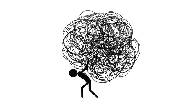 Stick Figure Carrying Heavy Tangled Scribble Knot. Represents psychological burden, overwhelming stress, professional burnout, and the weight of complex problems or mental health struggles.