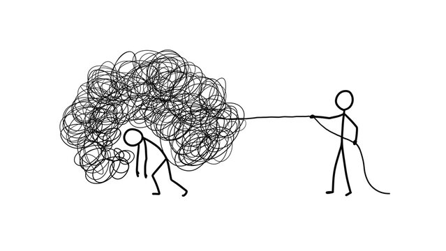 Stick Figure Helping Another Carry Heavy Tangled Burden. This metaphor represents therapy, counseling, teamwork, emotional support, and helping someone manage psychological burdens or complex problems