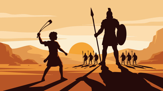 The young boy David holds his sling bravely facing the massive giant warrior Goliath in a dramatic ancient desert battlefield at sunset with armies watching in the distance