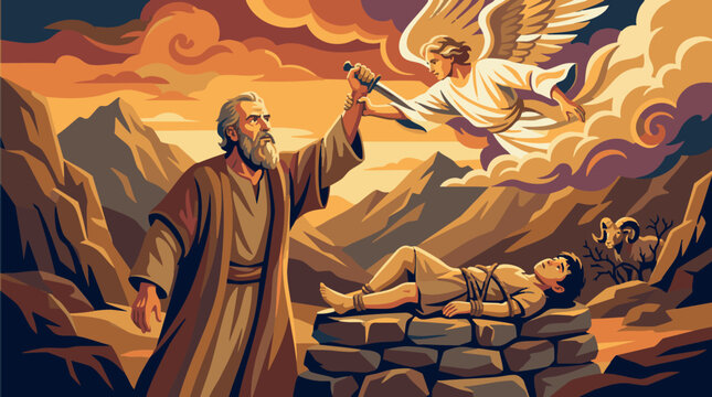 An angel from heaven descends to stop Abraham from sacrificing his bound son Isaac on a stone altar with a ram caught in the rocky mountain background landscape