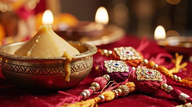 Traditional celebration with festive sweets and colorful rakhis on table. Celebratory sweets in bowl symbolize joy during festive occasions, while rakhis add personal touch to family gatherings.