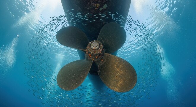 Underwater ship propeller surrounded by fish in clear blue water