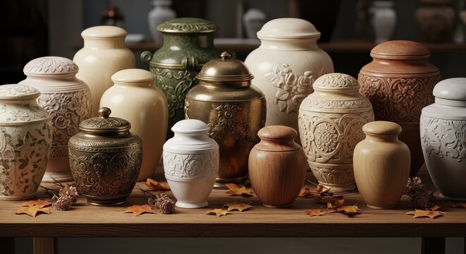 Assorted decorative urns in various colors displayed on a table