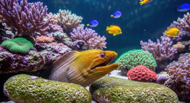 Colorful coral reef with a moray eel and tropical fish