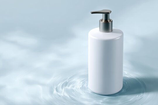 ceramic soap dispenser mockup tilting over water ripple, bathroom accessory design, hygiene branding