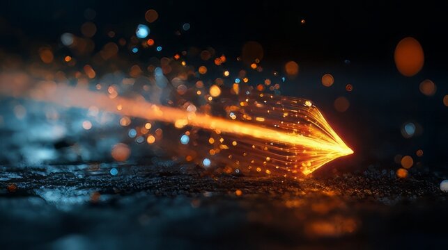 Digital data flow, technology growth, or financial progress stylized, glowing arrows composed of light particles moving upward and forward.
