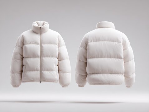 blank puffer jacket mockup for men, front and rear view, isolated clean background, soft shadows, winter fashion template, detailed stitching