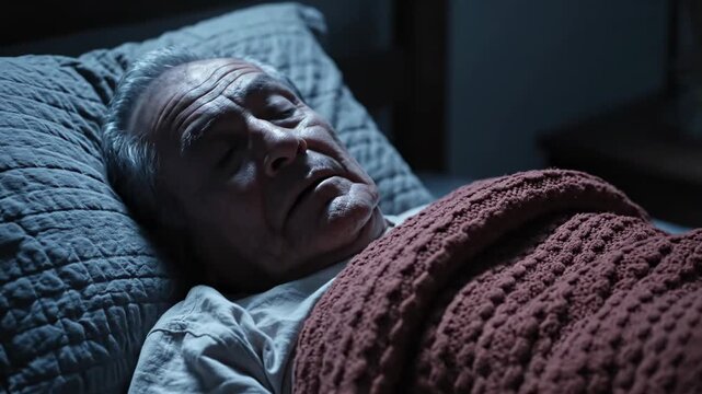 Elderly Man Resting Comfortably In Bed While Deeply Sleeping During The Night