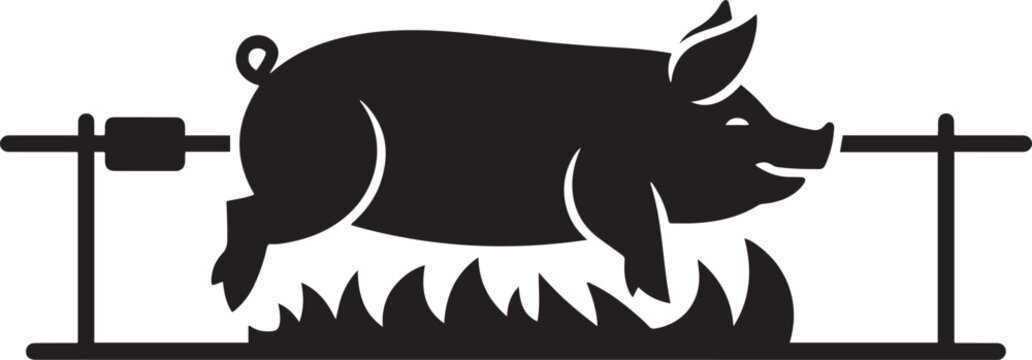 pig roasting on spit, balck icon silhouette vector