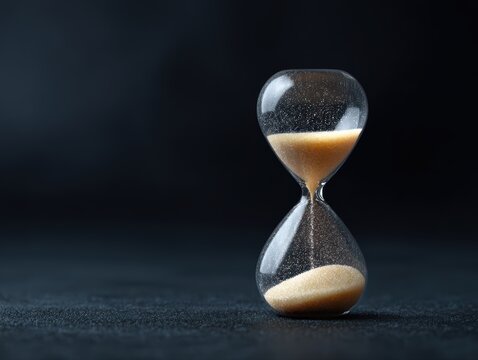 Glowing hourglass with flowing sand on dark background, concept of time and urgency
