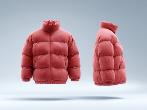 Puffer jacket mockup with structured volume, front and back perspective, soft shadows, modern winter apparel template