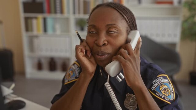 Woman police officer holding telephone and smiling with hands to face in building reception; compassion duty.