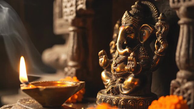Ganesh Chaturthi celebration with golden Ganesh statue beside traditional oil lamp and flower garland. Ganesh Chaturthi includes vibrant decorations and ceremonial rituals,