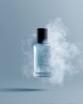 aromatherapy bottle mockup drifting in smoke, spa wellness branding, essential oil packaging