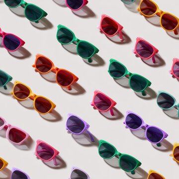 Colorful sunglasses pattern repeated on bright background, vibrant fashion graphic design