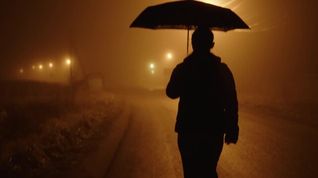Silhouette of woman with umbrella walking along road in mist along street with lanterns at night