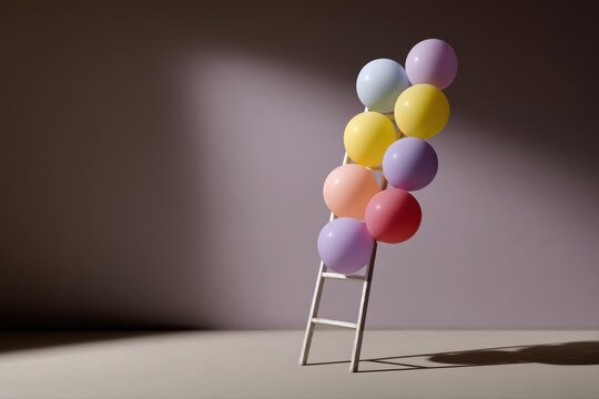 Ladder made of colorful balloons under spotlight, surreal concept with soft shadow play