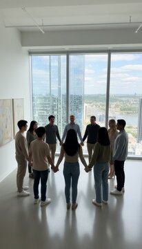 Group of young people of different nationalities, genders, and ages standing in a circle with joined hands inside a modern bright office. Large windows reveal urban cityscape, with minimal furniture