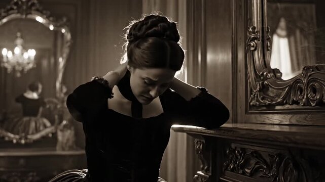 Elegant Young Woman in Vintage Setting Expressing Emotional Turmoil and Introspection