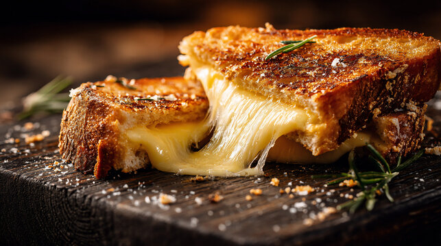 Sourdough grilled cheese sandwich with melted brie and fig jam on a rustic wooden board