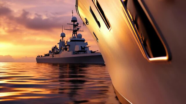 Powerful aircraft carrier gracefully with fighter jets on its deck, showing naval strength, resilience,global defense capabilities under, military security amidst challenging conditions