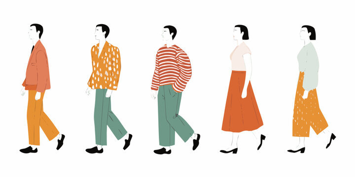 five walking figures in flat color style
