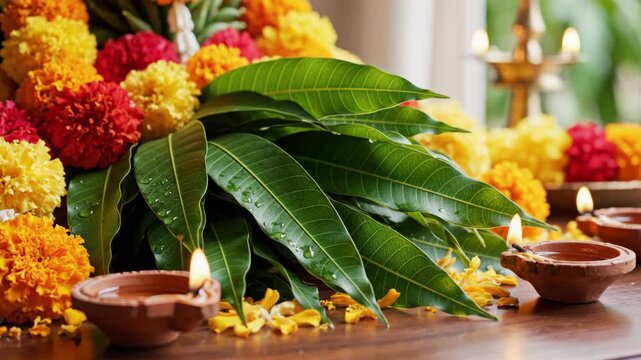 Colorful festival decoration with marigold flowers and mango leaves for Diwali celebration. Traditional Diwali setup includes vibrant flowers, oil lamps, and decorative elements.