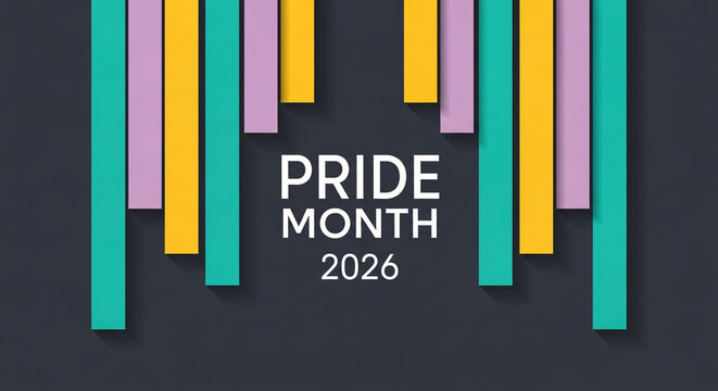 Graphic design featuring colorful vertical bars and the text "Pride Month 2026", symbolizing celebration and LGBTQ+ rights awareness