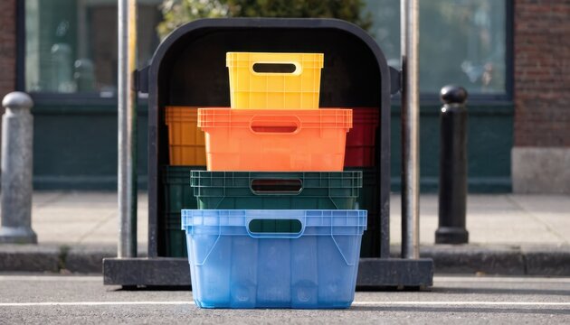 Medium shot of reusable crates stacked neatly at a rental packaging station main crate in sharp focus while background blurs softly.