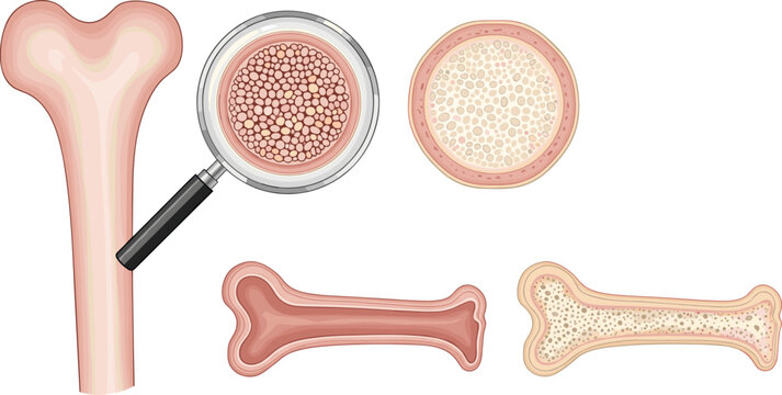 Human bone anatomy cross section collection with detailed skeletal structure medical vector illustration set