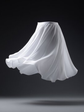 Blank white flared skirt hem twirling, motion fashion shot, airy fabric movement