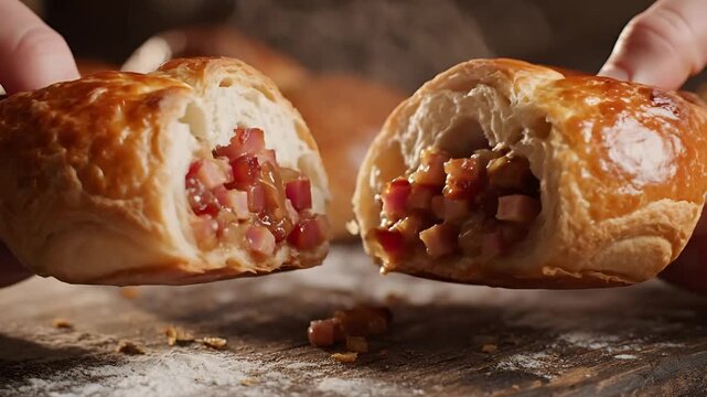 Closeup of hands breaking apart a goldenbrown baked pastry filled with savory ingredients.