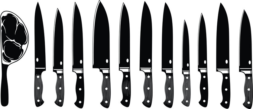 Kitchen knives and meat cut silhouette collection with chef tools vector illustration set
