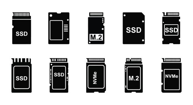 various ssd storage devices in black silhouette high quality professional detailed modern elegant stylish clean crisp vibrant colorful digital creative innovative