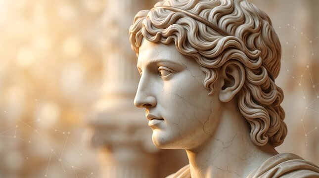 Classical marble statue with digital data overlay and tech lines