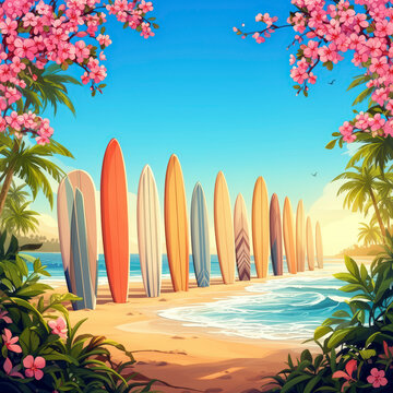 playa, mar, verano, vector, oce&aacute;no, ilustraci&oacute;n, oleaje, tropical, paisaje, arena, acu&aacute;tico, viajando, naturaleza, cielo, &aacute;rbol, sol, la palma, surf, vacaciones, isla, olas, designio, barca, tabla de 