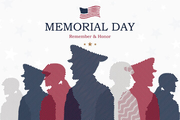 Patriotic illustration featuring American flag and military personnel silhouettes in line art style for Memorial Day. National holidays, veterans tributes, military appreciation and patriotic. © vadish