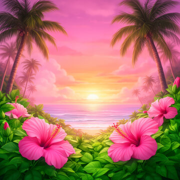 playa, la palma, verano, tropical, &aacute;rbol, mar, sol, isla, naturaleza, vector, oce&aacute;no, ilustraci&oacute;n, cielo, flor, paisaje, atardecer, viajando, acu&aacute;tico, vacaciones, arena, designio, haw&aacute;i, silueta, pal